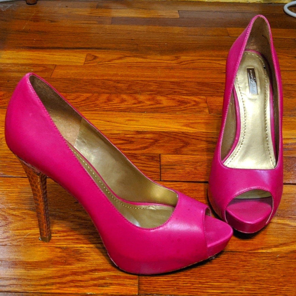Pink peep toe pumps with gold faux snakeskin heel